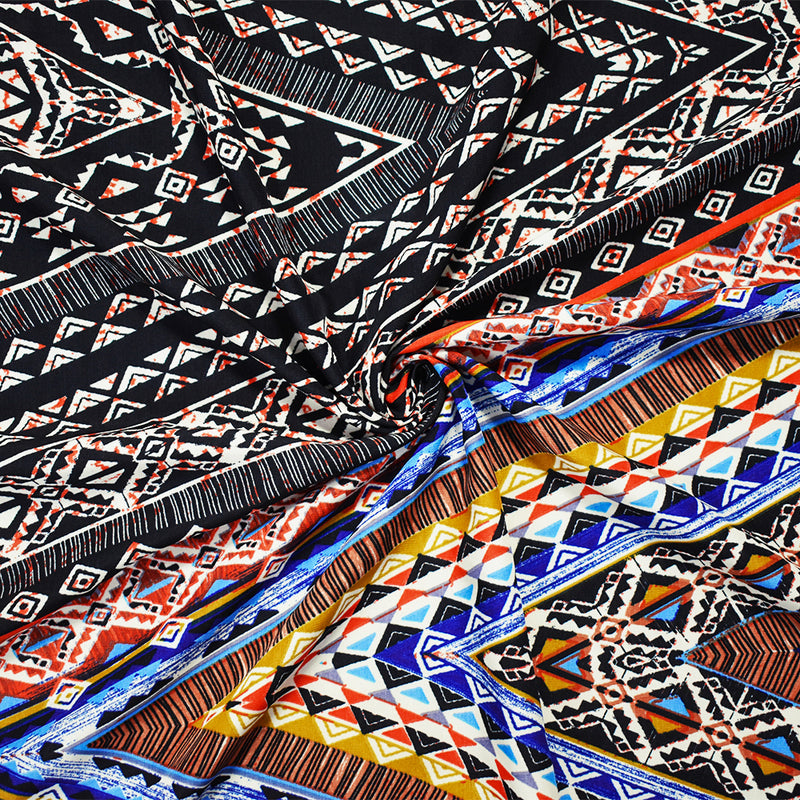 Black-Orange-Multi Poly Aztec Printed Faille Woven Fabric