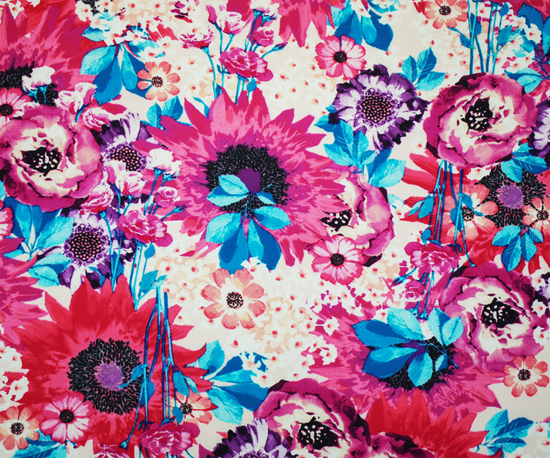 Pink-Purple-Multi Poly Floral Printed Pebble Crepe Woven Fabric