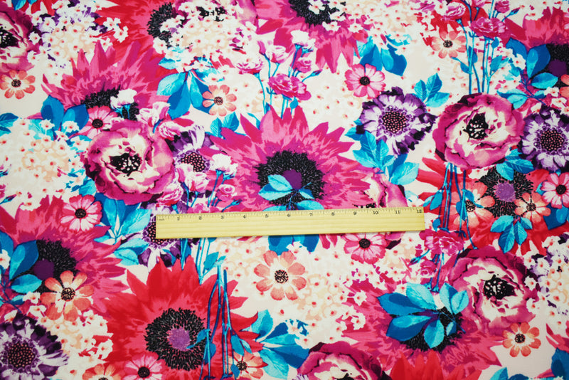 Pink-Purple-Multi Poly Floral Printed Pebble Crepe Woven Fabric