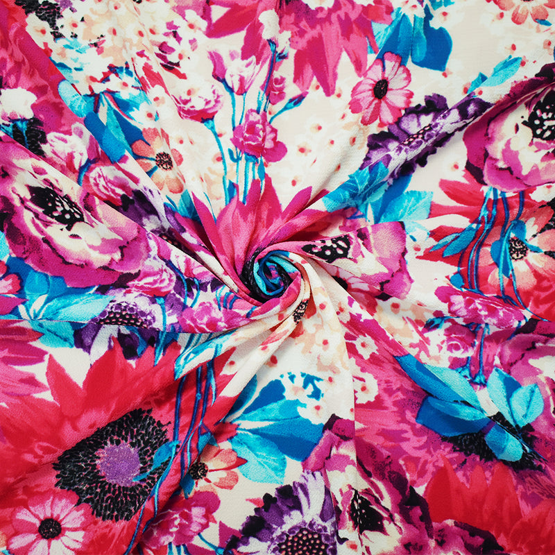 Pink-Purple-Multi Poly Floral Printed Pebble Crepe Woven Fabric