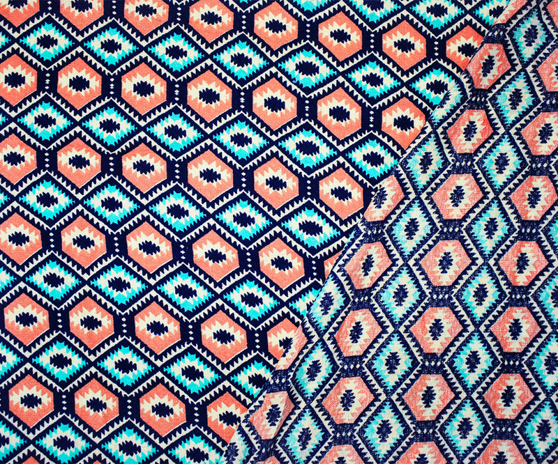 4 1/8 YD PC-Coral-Teal-Multi Cotton Aztec Border Printed Dobby Woven Fabric