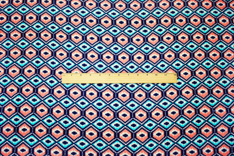 4 1/8 YD PC-Coral-Teal-Multi Cotton Aztec Border Printed Dobby Woven Fabric