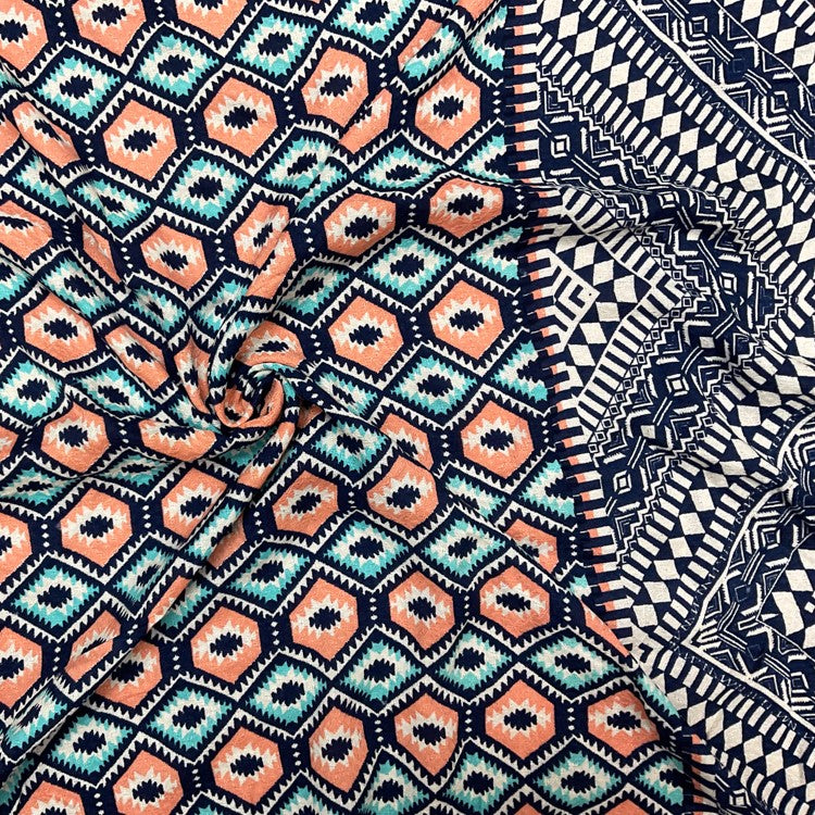 4 1/8 YD PC-Coral-Teal-Multi Cotton Aztec Border Printed Dobby Woven Fabric