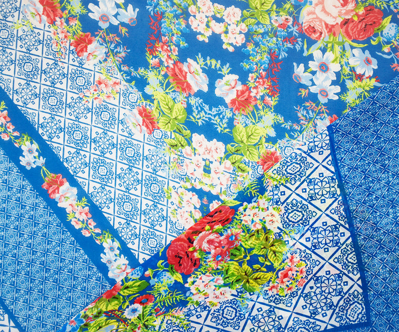 Teal Blue-Orange Multi Poly Floral Border Printed Chiffon Woven Fabric