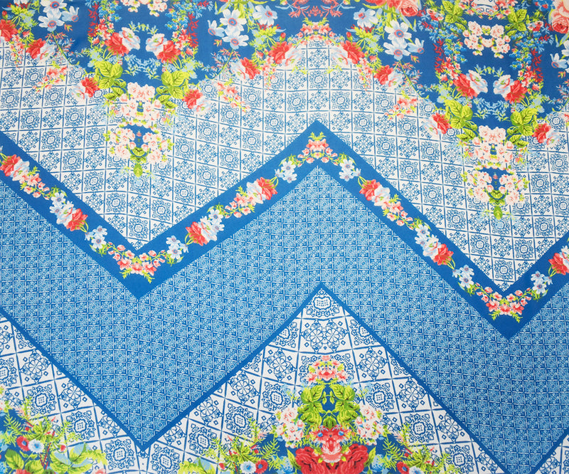 Teal Blue-Orange Multi Poly Floral Border Printed Chiffon Woven Fabric