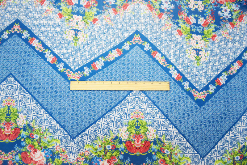 Teal Blue-Orange Multi Poly Floral Border Printed Chiffon Woven Fabric