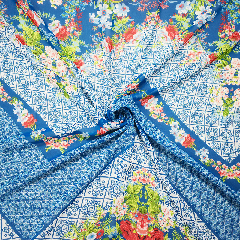 Teal Blue-Orange Multi Poly Floral Border Printed Chiffon Woven Fabric