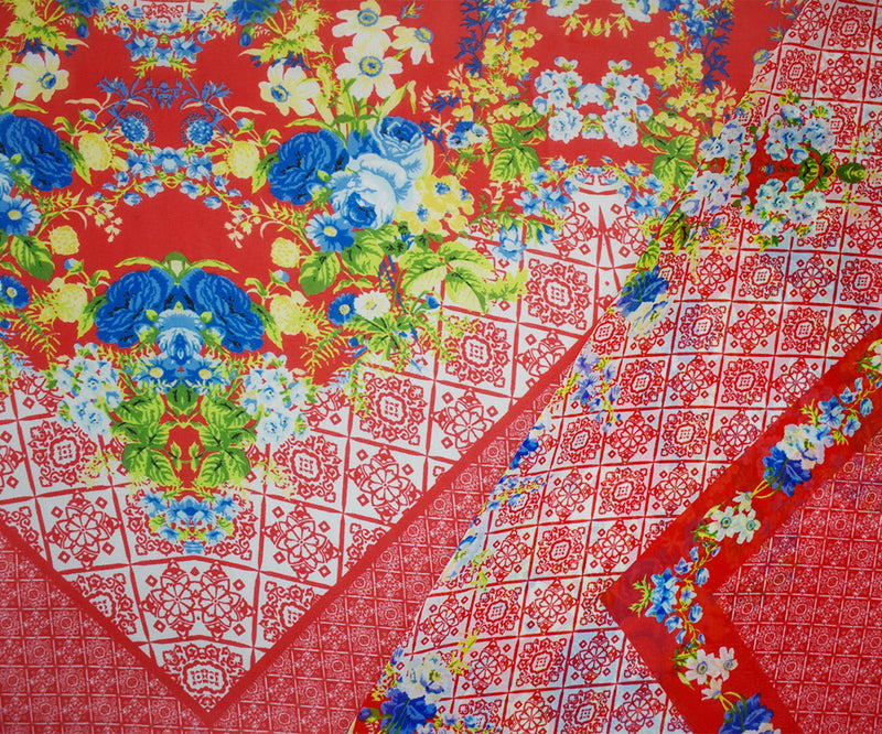 Orange-Blue-Multi Poly Floral Border Printed Chiffon Woven Fabric