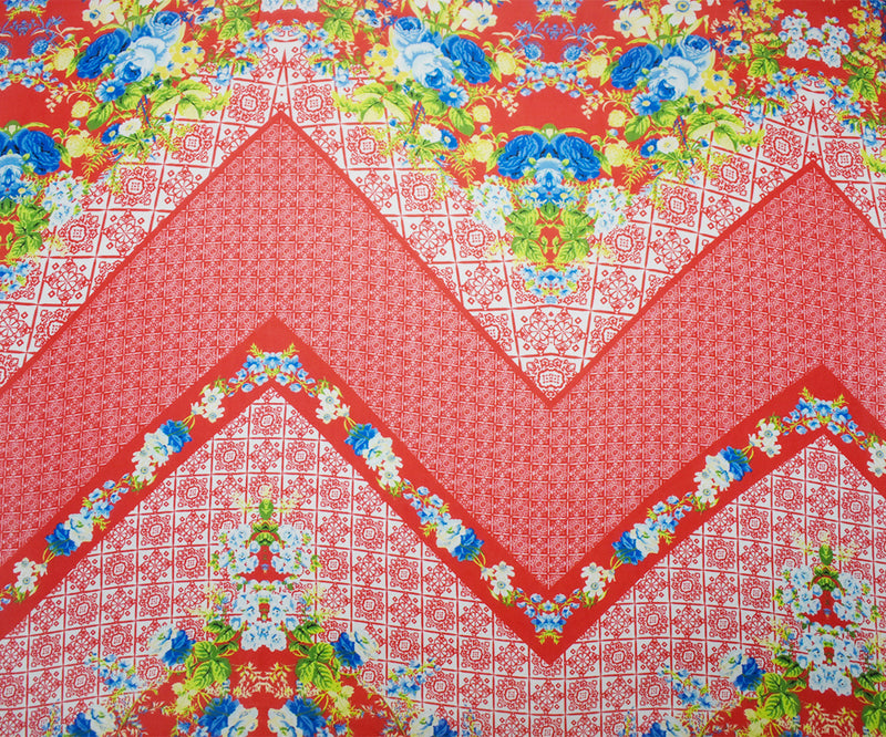 Orange-Blue-Multi Poly Floral Border Printed Chiffon Woven Fabric