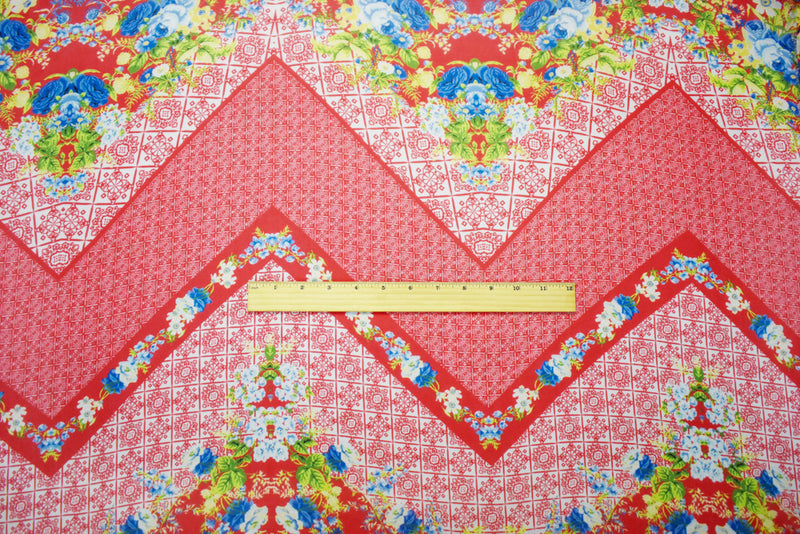 Orange-Blue-Multi Poly Floral Border Printed Chiffon Woven Fabric