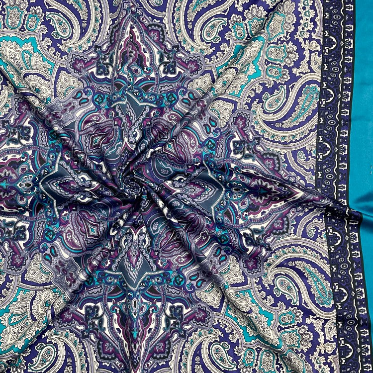 Turquoise-Purple-Multi Poly Paisley Bandana PANEL Printed Charmeuse Woven Fabric