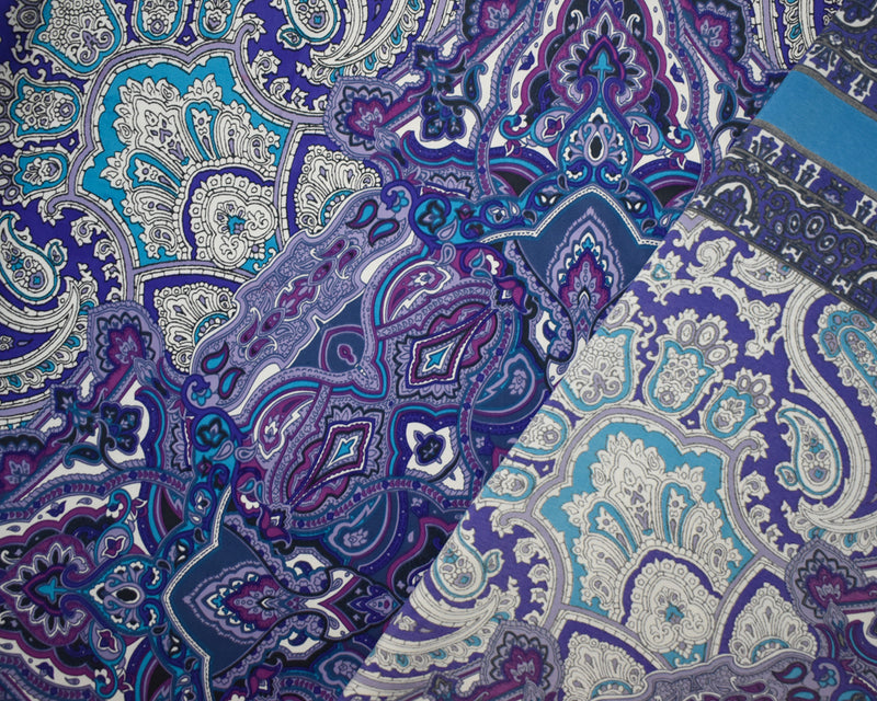 Turquoise-Purple-Multi Poly Paisley Bandana PANEL Printed Charmeuse Woven Fabric