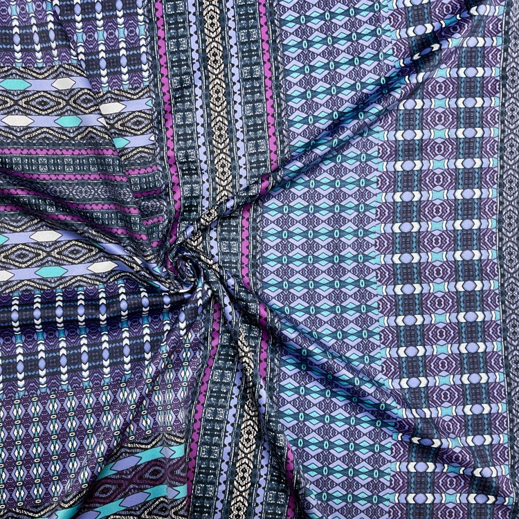 Purple-Inidigo-Multi Poly Aztec Border Printed Charmeuse Woven Fabric