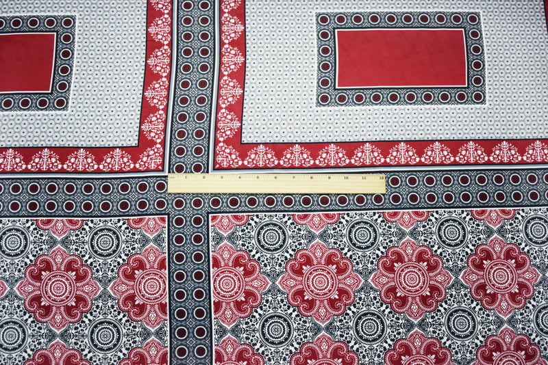 Red-Black-Multi Poly Border Medallion Printed Charmeuse Woven Fabric