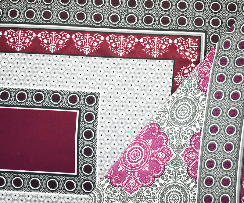 Burgundy-Black-Multi Poly Border Medallion Printed Charmeuse Woven Fabric