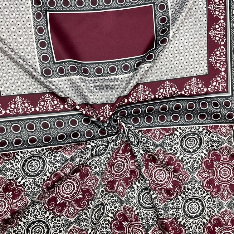 Burgundy-Black-Multi Poly Border Medallion Printed Charmeuse Woven Fabric