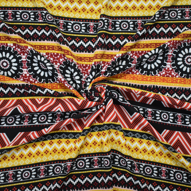 Red-Multi Poly Floral Aztec Stripe Border Printed Pebble Crepe Woven Fabric