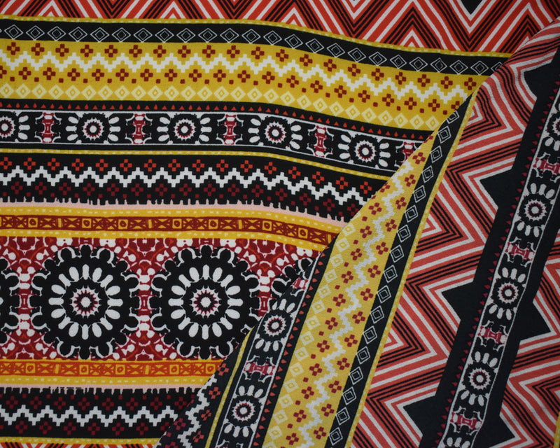 Red-Multi Poly Floral Aztec Stripe Border Printed Pebble Crepe Woven Fabric