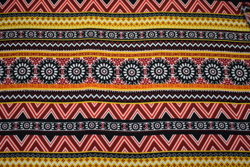 Red-Multi Poly Floral Aztec Stripe Border Printed Pebble Crepe Woven Fabric