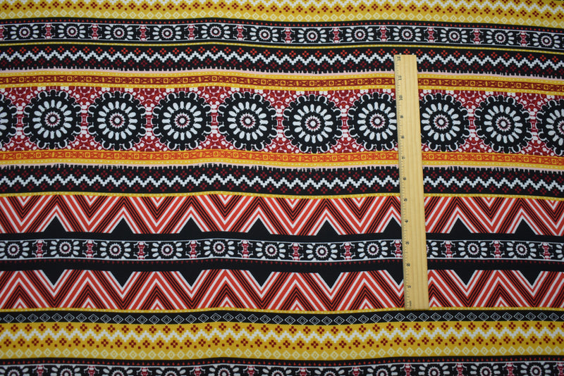 Red-Multi Poly Floral Aztec Stripe Border Printed Pebble Crepe Woven Fabric
