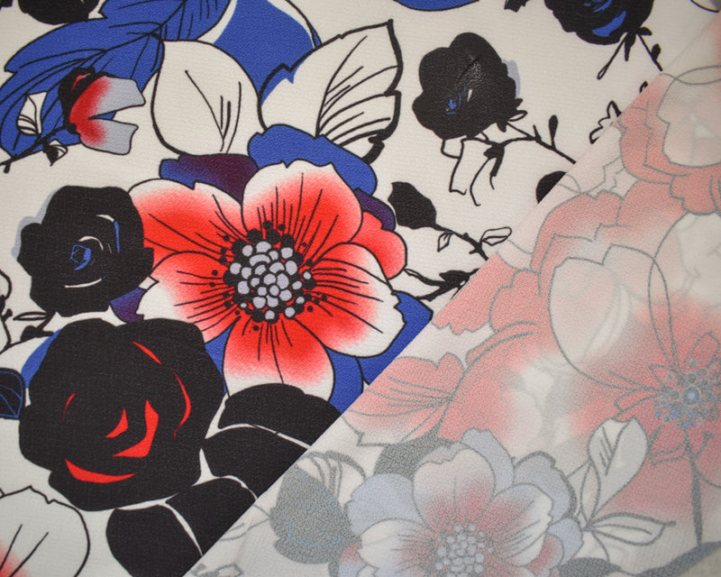 Red-Blue-Multi Poly Floral Printed Pebble Crepe Woven Fabric