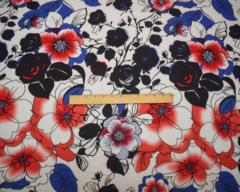 Red-Blue-Multi Poly Floral Printed Pebble Crepe Woven Fabric