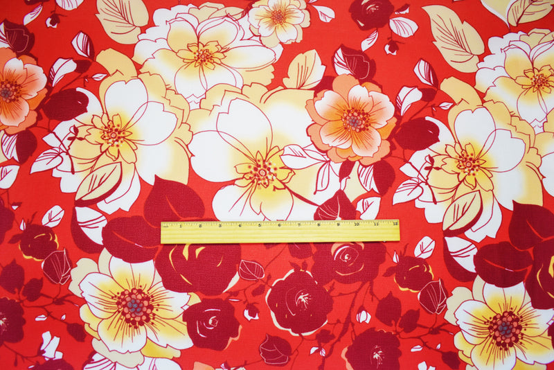 Red-Biege-Multi Poly Floral Printed Pebble Crepe Woven Fabric
