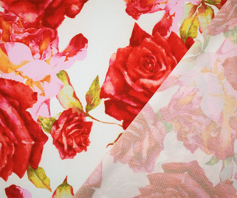 Red-Pink-Multi Poly Floral Printed  Pebble Crepe Woven Fabric