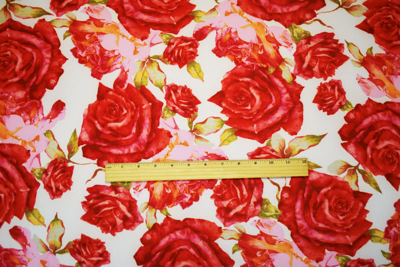 Red-Pink-Multi Poly Floral Printed  Pebble Crepe Woven Fabric