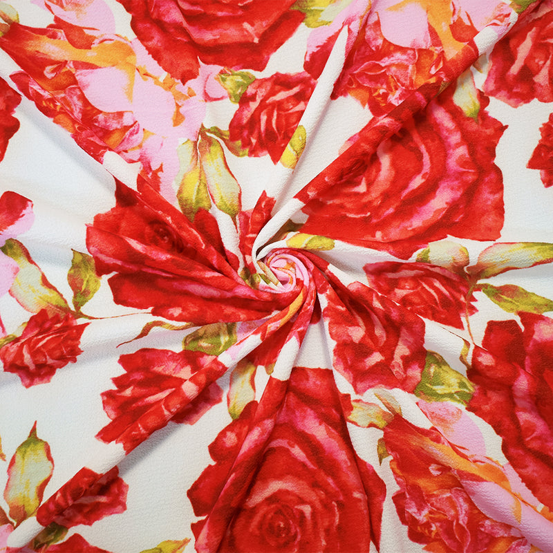 Red-Pink-Multi Poly Floral Printed  Pebble Crepe Woven Fabric