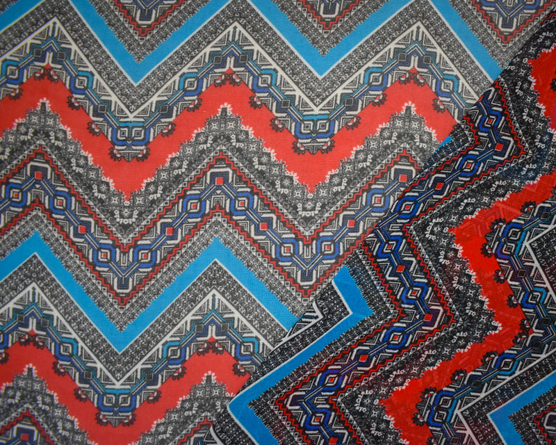 Red-Turquoise-Multi Poly Chevron Aztec Printed Chiffon Woven Fabric