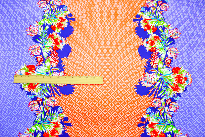 Blue-Coral-Multi Poly Border Floral Diamond Printed Crepe Woven Fabric