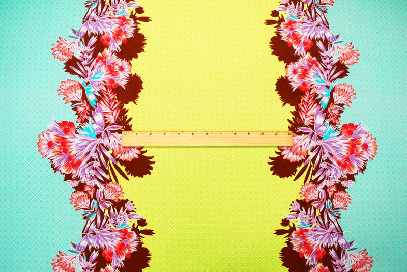Yellow-Multi Poly Floral Diamond Border Printed Pebble Crepe Woven Fabric