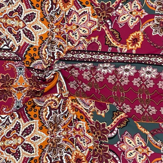 4 1/4 YD PC-Red-Black-Multi Poly Floral Border Printed Momie Georgette Woven Fabric