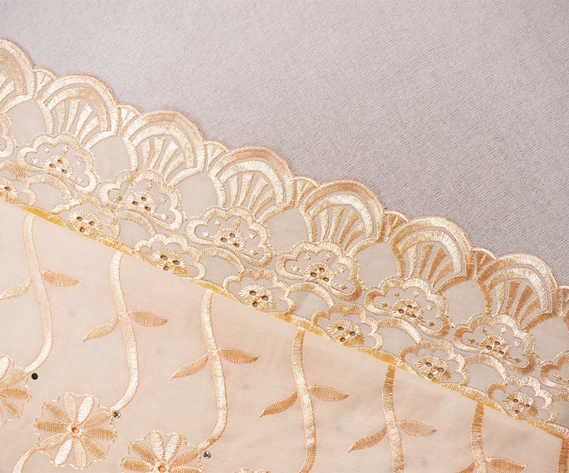 Light Beige Poly-Cotton Embroidered Scallop Rhinestone Woven Fabric