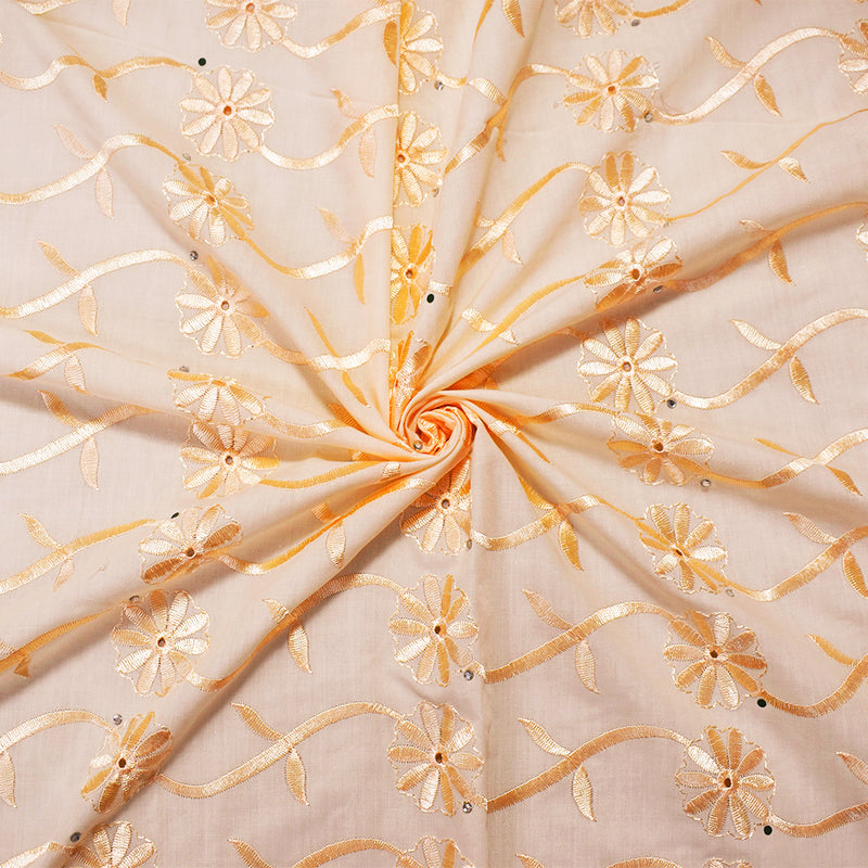 Light Beige Poly-Cotton Embroidered Scallop Rhinestone Woven Fabric