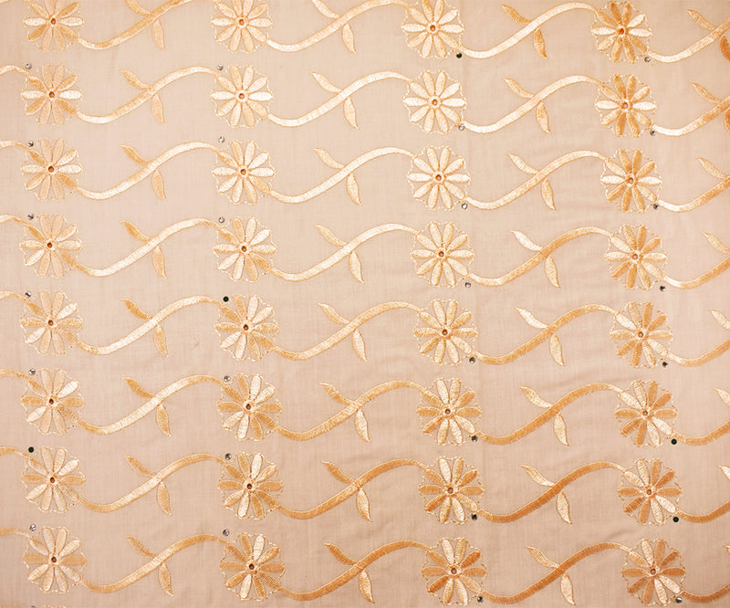 Light Beige Poly-Cotton Embroidered Scallop Rhinestone Woven Fabric