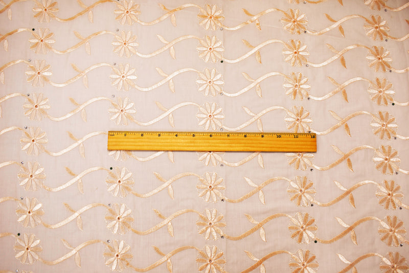 Light Beige Poly-Cotton Embroidered Scallop Rhinestone Woven Fabric