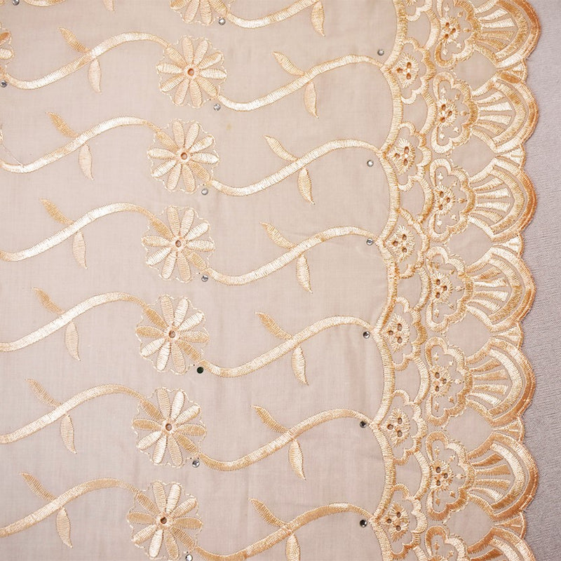 Light Beige Poly-Cotton Embroidered Scallop Rhinestone Woven Fabric