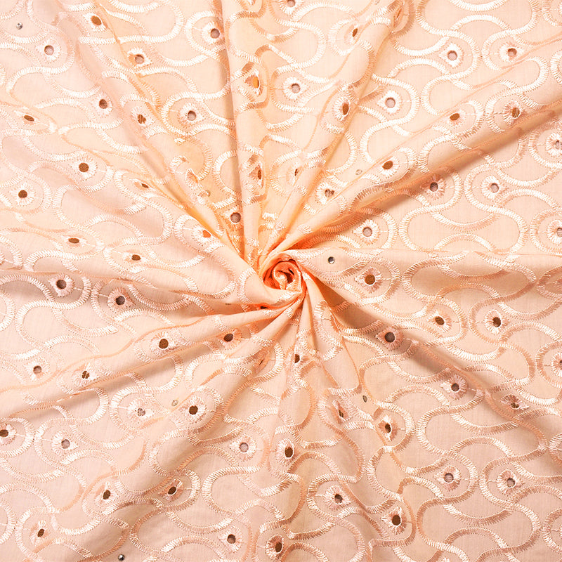 Beige Poly-Cotton Embroidered Floral Scallop Rhinestone Woven Fabric