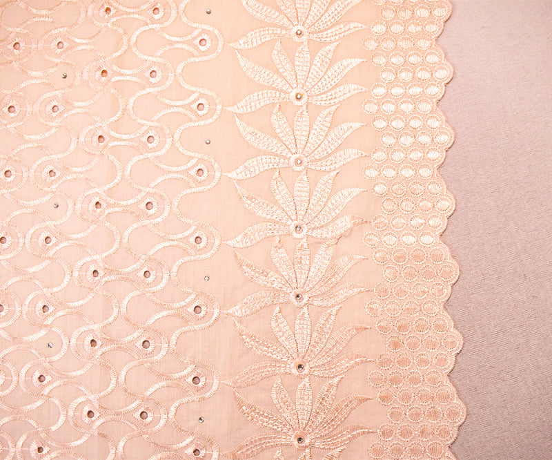 Beige Poly-Cotton Embroidered Floral Scallop Rhinestone Woven Fabric
