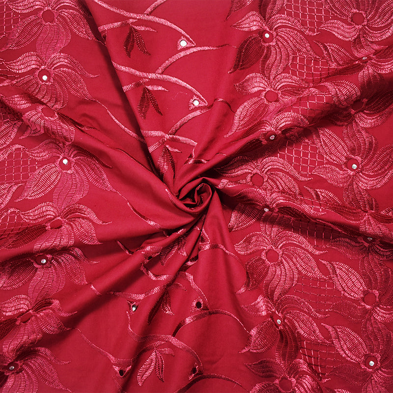 Deep Red Poly-Cotton Embroidered Floral Scallop Rhinestone Woven Fabric