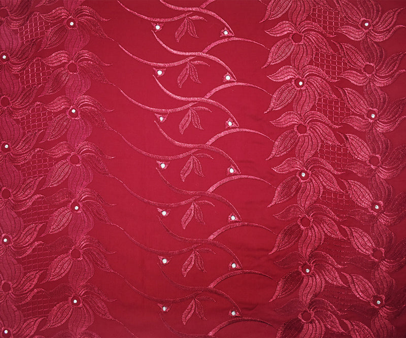 Deep Red Poly-Cotton Embroidered Floral Scallop Rhinestone Woven Fabric