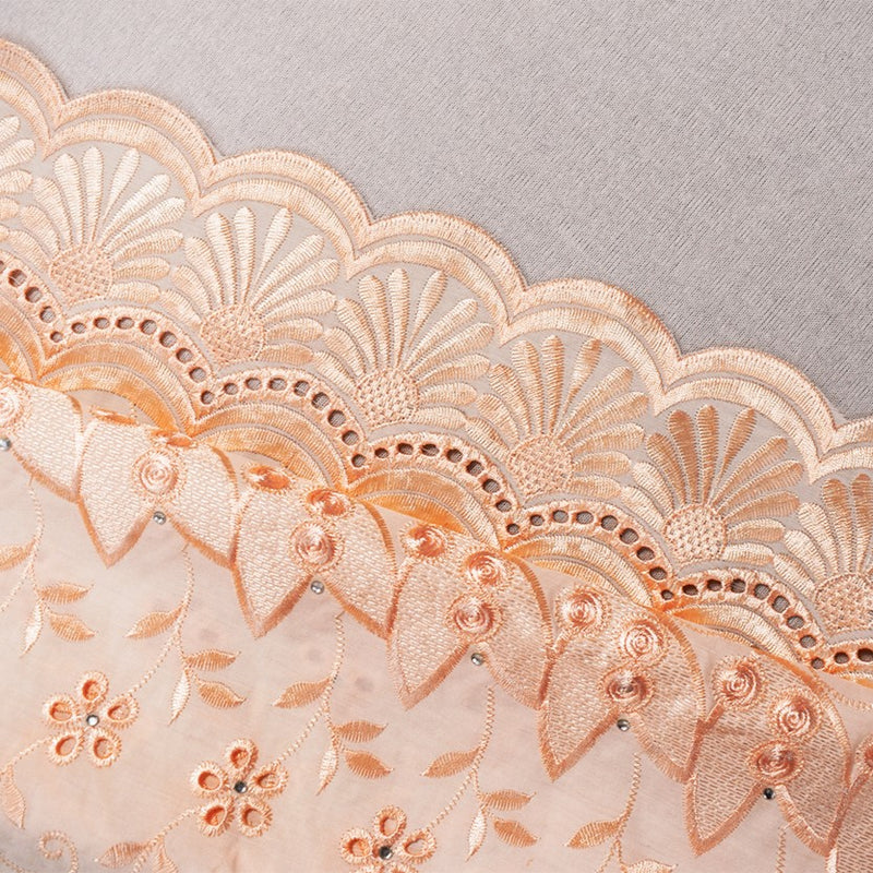 Warm Beige Poly-Cotton Floral Vine Eyelet Scalloped Rhinestone Woven Fabric