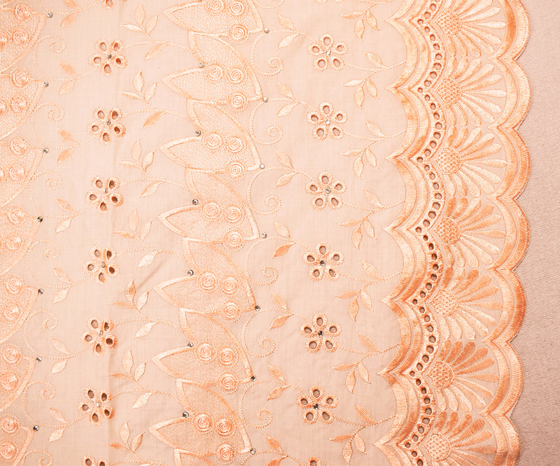 Warm Beige Poly-Cotton Floral Vine Eyelet Scalloped Rhinestone Woven Fabric