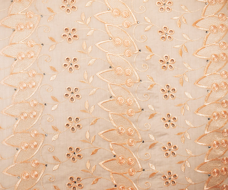 Warm Beige Poly-Cotton Floral Vine Eyelet Scalloped Rhinestone Woven Fabric