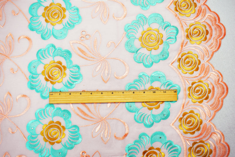 Coral Orange-Teal-Multi Poly-Cotton Floral Embroidered Scallop Eyelet Woven Fabric