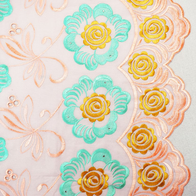Coral Orange-Teal-Multi Poly-Cotton Floral Embroidered Scallop Eyelet Woven Fabric