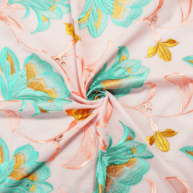 Coral Orange-Teal-Multi Poly-Cotton Floral Vine Embroidery Scallop Woven Fabric