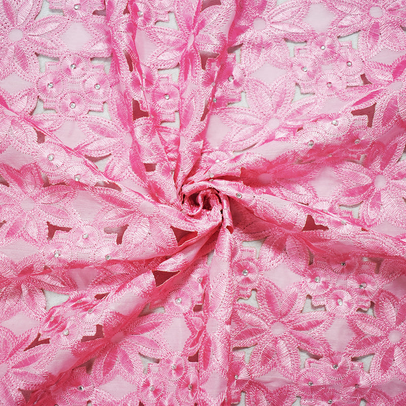 Pink Poly Floral and Circle Embroidered Scallop Rhinestone Woven Fabric